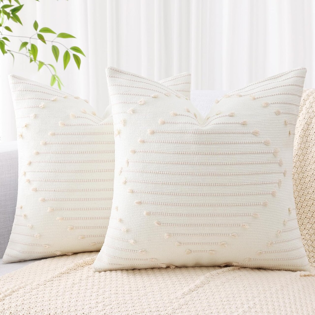 Outdoor Spring Throw Pillow Covers 18X18 Set of 2, Farmhouse Decorative Pillow Covers for Couch Sofa Living Room, Beige & Cream White